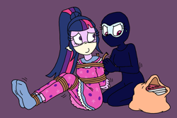 Size: 2500x1667 | Tagged: safe, artist:bugssonicx, rainbow dash, sci-twi, twilight sparkle, human, equestria girls, g4, arm behind back, bag, bondage, book, bound and gagged, burglar, catsuit, cloth gag, clothes, comic book, daring do collector, female, gag, mask, nightgown, ninja, over the nose gag, pajamas, robbery, socks, stocking feet, sweat, sweatdrop, tied up, tying