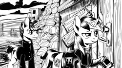 Size: 4256x2364 | Tagged: safe, artist:lexx2dot0, oc, oc only, oc:blackjack, oc:priest, alicorn, pony, unicorn, fallout equestria, fallout equestria: project horizons, series:ph together we reread, black and white, clothes, duo, fanfic art, grayscale, horn, jumpsuit, key, levitation, lockpicking, magic, monochrome, pipbuck, small horn, telekinesis, vault security armor, vault suit