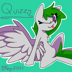 Size: 1280x1280 | Tagged: safe, artist:ukedideka, oc, oc only, oc:quizzical aphre, pegasus, pony, ears up, female, green hair, leaning back, looking at you, one eye closed, pegasus oc, simple background, sitting, smiling, smiling at you, solo, species:abstract, spread wings, tongue out, wings, wink, winking at you