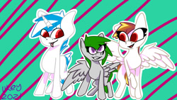 Size: 1280x720 | Tagged: safe, artist:ukedideka, oc, oc only, oc:glo prizmatica, oc:lumen afterglow, oc:quizzical aphre, pegasus, pony, unicorn, group, group photo, horn, looking at each other, pegasus oc, red hair, simple background, smiling, smiling at each other, species:abstract, spread wings, tongue out, unicorn oc, wings