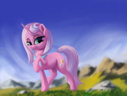 Size: 3000x2250 | Tagged: safe, artist:flusanix, clear sky, pony, unicorn, g4, blurry background, female, grass, high res, mare, outdoors, raised leg, rock, solo