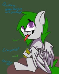 Size: 768x960 | Tagged: safe, artist:ukedideka, oc, oc only, oc:quizzical aphre, pegasus, pony, ears up, eating, eating crayons, folded wings, joke, looking over shoulder, out of frame, pegasus oc, sitting, solo, species:abstract, teeth, text, wings