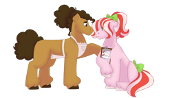 Size: 1280x732 | Tagged: safe, artist:itstechtock, oc, oc only, oc:confetti surprise, oc:sweet tooth, pony, apron, bow, clipboard, clothes, female, male, mare, offspring, parent:cheese sandwich, parent:pinkie pie, parents:cheesepie, simple background, stallion, tail bow, transparent background