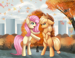 Size: 1280x990 | Tagged: safe, artist:greenmarta, applejack, fluttershy, earth pony, pegasus, pony, g4, autumn, bipedal, building, duo, duo female, female, looking at each other, mare, open mouth, open smile, park, smiling, smiling at each other, wingless