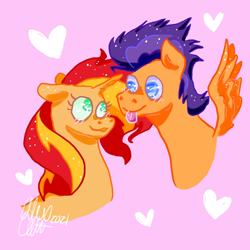Size: 1280x1280 | Tagged: safe, artist:wizardstrawberries, flash sentry, sunset shimmer, pegasus, pony, unicorn, g4, duo, female, heart, male, mare, ship:flashimmer, shipping, stallion, straight, tongue out