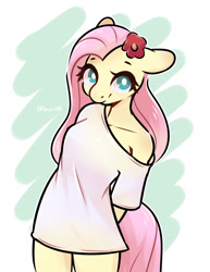 Size: 1544x1996 | Tagged: safe, artist:goyini01, fluttershy, anthro, g4, bottomless, breasts, busty fluttershy, clothes, cute, daaaaaaaaaaaw, female, floppy ears, flower, flower in hair, looking at you, off shoulder, partial nudity, shirt, shyabetes, smiling, solo, t-shirt, white pupils