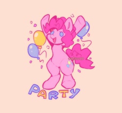 Size: 988x916 | Tagged: safe, artist:sleepy_pigeonz, pinkie pie, earth pony, pony, g4, balloon, beady eyes, bipedal, confetti, female, mare, open mouth, party, pink background, simple background, solo
