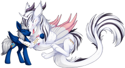 Size: 1757x965 | Tagged: safe, artist:scarlet-spectrum, oc, oc only, oc:trade wind, oc:ward, oc:yiazmat, draconequus, pegasus, pony, :p, cheek fluff, chest fluff, draconequus oc, duo, ear fluff, eyes closed, folded wings, hug, male, paws, pegasus oc, simple background, smiling, stallion, tongue out, transparent background, watermark, wings