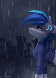 Size: 1800x2500 | Tagged: safe, artist:delta hronum, dj pon-3, vinyl scratch, pony, unicorn, g4, clothes, female, headphones, looking up, rain, solo focus, sweater