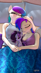 Size: 1080x1920 | Tagged: safe, artist:anthroponiessfm, oc, oc:aurora starling, oc:inkwell stylus, oc:raven storm, anthro, 3d, bed, blushing, breasts, clothes, cuddling, cute, daaaaaaaaaaaw, eyes closed, female, glasses, head pat, holding hands, holding head, pat, plushie, source filmmaker, wholesome