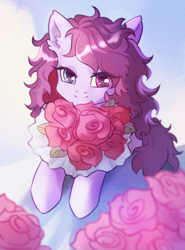Size: 1476x2000 | Tagged: safe, artist:promiset, oc, oc only, oc:veen, pony, bipedal, bouquet, clothes, cute, dress, ear fluff, flower, freckles, heterochromia, lidded eyes, looking at you, messy mane, ocbetes, rose, simple background, smiling, solo