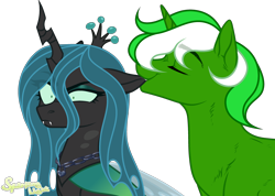 Size: 3196x2278 | Tagged: safe, artist:kawaiizhele, queen chrysalis, oc, oc:chain whip, g4, biting, canon x oc, chaisalis, duo, ear bite, female, high res, male, simple background, straight, this will end in pain, transparent background