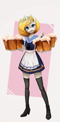 Size: 2826x5698 | Tagged: safe, artist:mrscroup, oc, oc only, oc:floots van oranje, unicorn, anthro, alcohol, apron, beer, beer mug, blushing, clothes, commission, crown, cute, high heels, jewelry, maid, regalia, sailor, shoes, skirt, solo, stockings, thigh highs