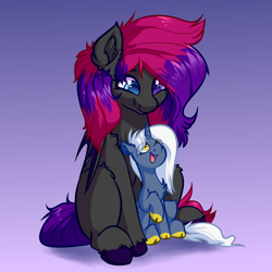 Size: 4000x4000 | Tagged: safe, artist:witchtaunter, oc, oc:slipspace perigee, bat pony, pony, unicorn, bat pony oc, chest fluff, commission, ear fluff, female, filly, foal, gradient background, looking at each other, mare, mother and child, mother and daughter, parent and child, sitting, smiling, wings
