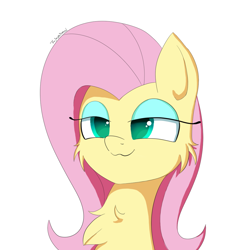 Size: 1080x1080 | Tagged: safe, artist:fajnyziomal, fluttershy, pegasus, pony, :3, cheek fluff, chest fluff, cute, eyeshadow, female, fluffy, makeup, mare, shyabetes, simple background, smiling, smug, smugshy, solo, white background