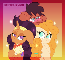 Size: 3500x3200 | Tagged: safe, artist:snakeythingy, pear butter, saffron masala, oc, oc:sketchy dupe, earth pony, pony, unicorn, g4, fluffy mane, gradient background, high res, poofy mane, story included