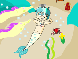 Size: 1339x1008 | Tagged: safe, artist:ocean lover, terramar, crab, eel, fish, mermaid, merman, g4, arm behind head, belly button, bubble, chest, cute, fins, flower, humanized, jewelry, light, looking up, lying down, male, male nipples, mermaidized, necklace, nipples, sand, seaweed, species swap, tail, terrabetes, underwater