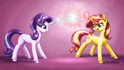 Size: 2560x1440 | Tagged: safe, artist:king-kakapo, starlight glimmer, sunset shimmer, pony, unicorn, g4, beam struggle, chest fluff, curved horn, duo, female, glowing horn, horn, magic, mare, open mouth, sparring, sunset vs starlight, sweat, sweatdrop, unshorn fetlocks