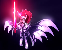 Size: 1579x1284 | Tagged: safe, alternate version, artist:zidanemina, tempest shadow, pony, wyvern, g4, my little pony: the movie, armor, colored sketch, crossover, looking down, saint seiya, sketch, solo