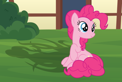 Size: 2703x1829 | Tagged: safe, artist:badumsquish, derpibooru exclusive, pinkie pie, earth pony, pony, g4, bush, cute, diapinkes, female, house, implied monster pony, looking back, meme, pinkie being pinkie, ponified animal photo, ponified meme, raised hoof, shadow, show accurate, sitting, smiling, solo, tentacles
