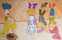 Size: 1280x819 | Tagged: safe, artist:dex stewart, apple bloom, applejack, scootaloo, sweetie belle, human, equestria girls, g4, belly, belly button, clothes, headstand, shirt, shirt lift, traditional art