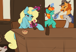 Size: 1741x1189 | Tagged: safe, artist:orchidpony, firecracker burst, oc, oc:seafoam breeze, pony, unicorn, alcohol, beer, chair, female, gun, hat, male, mare, red dead redemption 2, saloon, sheriff, stallion, weapon