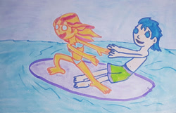 Size: 1280x823 | Tagged: safe, artist:dex stewart, flash sentry, sunset shimmer, human, equestria girls, g4, belly button, bikini, clothes, couple, female, male, ship:flashimmer, shipping, straight, surfboard, surfing, swimming trunks, swimsuit, traditional art