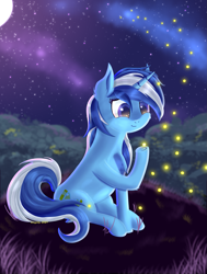 Size: 1625x2145 | Tagged: safe, artist:divifilly, minuette, pony, unicorn, g4, female, field, mare, night, raised hoof, solo