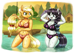 Size: 2500x1805 | Tagged: safe, artist:king-kakapo, applejack, coloratura, earth pony, anthro, g4, abs, adorasexy, belly button, big breasts, bra, breasts, busty applejack, busty coloratura, cabin, cleavage, clothes, commission, cute, dock, duo, duo female, female, frilly underwear, jackabetes, legs in the water, legs together, music note underwear, one eye open, open mouth, open smile, panties, pier, plaid panties, plaid underwear, purple panties, purple underwear, rarabetes, red panties, red underwear, sexy, silly panties, smiling, striped panties, striped underwear, stupid sexy applejack, stupid sexy coloratura, swimming, underwear, water, wet, wet mane