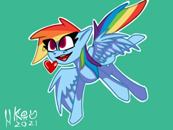 Size: 1024x768 | Tagged: safe, artist:ukedideka, rainbow dash, pegasus, pony, g4, eye clipping through hair, female, flying, green background, heart, mare, open mouth, open smile, simple background, smiling, solo