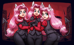 Size: 2800x1705 | Tagged: safe, artist:king-kakapo, fluttershy, human, cerberus (helltaker), clothes, commission, cosplay, costume, ears, female, helltaker, humanized, multeity, tail, triality