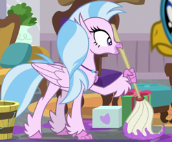 Size: 1011x834 | Tagged: safe, screencap, gallus, silverstream, classical hippogriff, hippogriff, g4, season 8, the hearth's warming club, bucket, cropped, female, mop