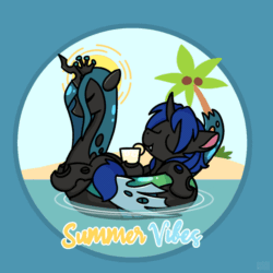 Size: 1000x1000 | Tagged: safe, artist:sugar morning, queen chrysalis, oc, oc only, oc:swift dawn, changeling, pony, g4, animated, beach, blue changeling, changeling oc, commission, drink, eyes closed, fangs, floaty, food, gif, horn, inflatable, inflatable changeling, inflatable changeling queen, inflatable toy, juice, lemon, lemonade, male, palm tree, pool toy, relaxing, simple background, smiling, solo, stallion, sugar morning's summer vibes, summer, sun, text, tree, wings, ych result