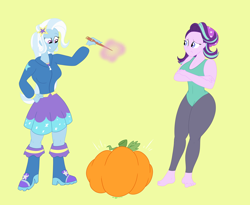 Size: 2970x2430 | Tagged: safe, artist:necrofeline, starlight glimmer, trixie, equestria girls, g4, grin, high res, magic, magic wand, pumpkin, sequence, smiling, this will end in weight gain, this will not end well, weight gain sequence