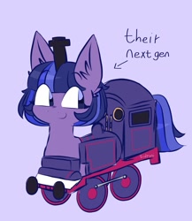 Size: 887x1024 | Tagged: safe, artist:sidruni, oc, oc only, object pony, original species, train pony, child, crossover, crossover ship offspring, interspecies offspring, offspring, parent:thomas the tank engine, parent:twilight sparkle, parents:twitom, purple background, simple background, train