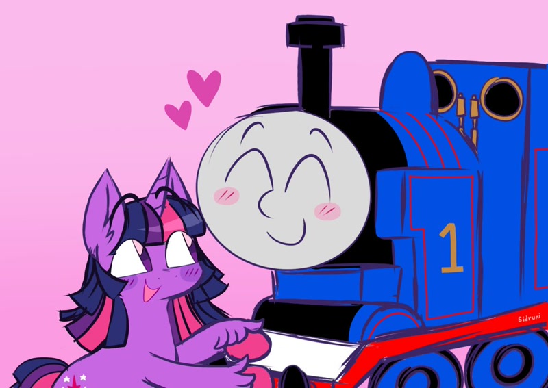 2670862 - safe, artist:sidruni, twilight sparkle, pony, unicorn, blushing,  crossover, crossover shipping, cute, duo, duo male and female, female,  floating heart, heart, lb&scr e2 class steam locomotive, locomotive, male,  mare, pink background