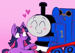 Size: 1024x726 | Tagged: safe, artist:lemoocado, twilight sparkle, pony, unicorn, g4, blushing, crossover, crossover shipping, cute, duo, duo male and female, female, floating heart, heart, lb&scr e2 class steam locomotive, locomotive, male, mare, pink background, shipping, simple background, smiling, steam engine, steam locomotive, thomas the tank engine, train, twiabetes, twitom, unicorn twilight, unshorn fetlocks