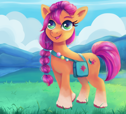 Size: 5004x4500 | Tagged: safe, artist:saphypone, sunny starscout, earth pony, pony, g5, absurd resolution, badge, bag, braid, cloud, coat markings, cute, female, grass, mare, mountain, open mouth, redraw, sky, socks (coat markings), solo, sunnybetes, unshorn fetlocks