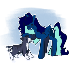 Size: 2000x2000 | Tagged: safe, artist:galaxiedream, oc, oc only, oc:midnight, oc:midnight specter, alicorn, dog, pony, alicorn oc, cute, eyes closed, female, grin, high res, horn, in memoriam, mare, petting, raised hoof, smiling, solo, wings