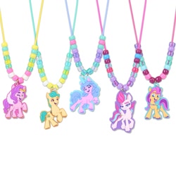 Size: 2000x2000 | Tagged: safe, hitch trailblazer, izzy moonbow, pipp petals, sunny starscout, zipp storm, earth pony, pegasus, pony, unicorn, g5, official, bead, female, high res, male, mane five, mare, merchandise, necklace, simple background, stallion, toy, white background