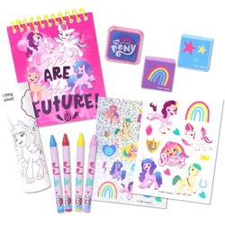 Size: 2000x2000 | Tagged: safe, hitch trailblazer, izzy moonbow, pipp petals, sunny starscout, zipp storm, earth pony, pegasus, pony, unicorn, g5, official, coloring page, crayon, female, high res, male, mane five, mare, merchandise, my little pony logo, notepad, simple background, stallion, sticker, text, toy, white background