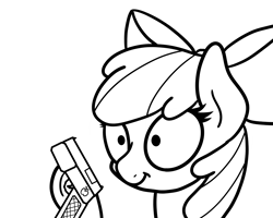 Size: 2048x1638 | Tagged: safe, artist:ewoudcponies, apple bloom, earth pony, pony, g4, black and white, female, filly, grayscale, gun, monochrome, solo, weapon