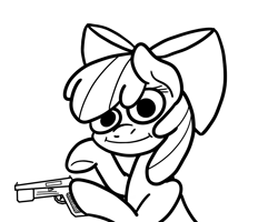 Size: 2048x1638 | Tagged: safe, artist:ewoudcponies, apple bloom, earth pony, pony, g4, black and white, female, filly, grayscale, gun, hoof hold, lineart, looking at you, monochrome, solo, weapon