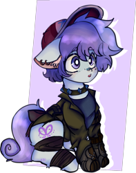 Size: 1309x1657 | Tagged: safe, artist:nyansockz, artist:ube, oc, oc only, oc:lilac snip, earth pony, pony, ashes town, bandage, choker, clothes, collar, earth pony oc, floppy ears, hat, ribbon, simple background, spiked collar, tomboy