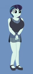 Size: 576x1280 | Tagged: safe, artist:trainman3985, coloratura, equestria girls, g4, big breasts, blue background, breasts, busty coloratura, clothes, cute, dress, equestria girls-ified, female, huge breasts, rarabetes, shoes, simple background, smiling, solo
