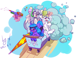 Size: 1024x780 | Tagged: safe, artist:ninebuttom, oc, oc:frozen light, oc:moontrace, oc:sharlight twiler, alicorn, bat pony, pony, unicorn, chinese, food, horn, ice cream, snorkel, watergun, wings