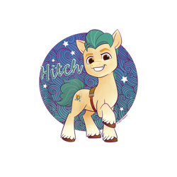 Size: 1200x1200 | Tagged: safe, hitch trailblazer, earth pony, pony, g5, my little pony: a new generation, official, 2d, circle, cropped, design, male, merchandise, shirt design, simple background, solo, stallion, text, transparent background