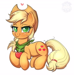 Size: 4070x4096 | Tagged: safe, artist:confetticakez, applejack, earth pony, pony, absurd resolution, apple, applejack's hat, bandana, colored pupils, cowboy hat, cute, ear fluff, female, food, freckles, hat, heart, jackabetes, leg fluff, lying down, mare, prone, simple background, solo, that pony sure does love apples, white background