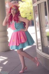 Size: 631x960 | Tagged: safe, artist:lochlan o'neil, pinkie pie, human, g4, clothes, cosplay, costume, hand on hip, high heels, irl, irl human, photo, raised leg, shoes