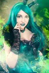 Size: 1365x2048 | Tagged: safe, artist:lochlan o'neil, queen chrysalis, human, g4, clothes, corset, cosplay, costume, fire, green fire, irl, irl human, lipstick, photo